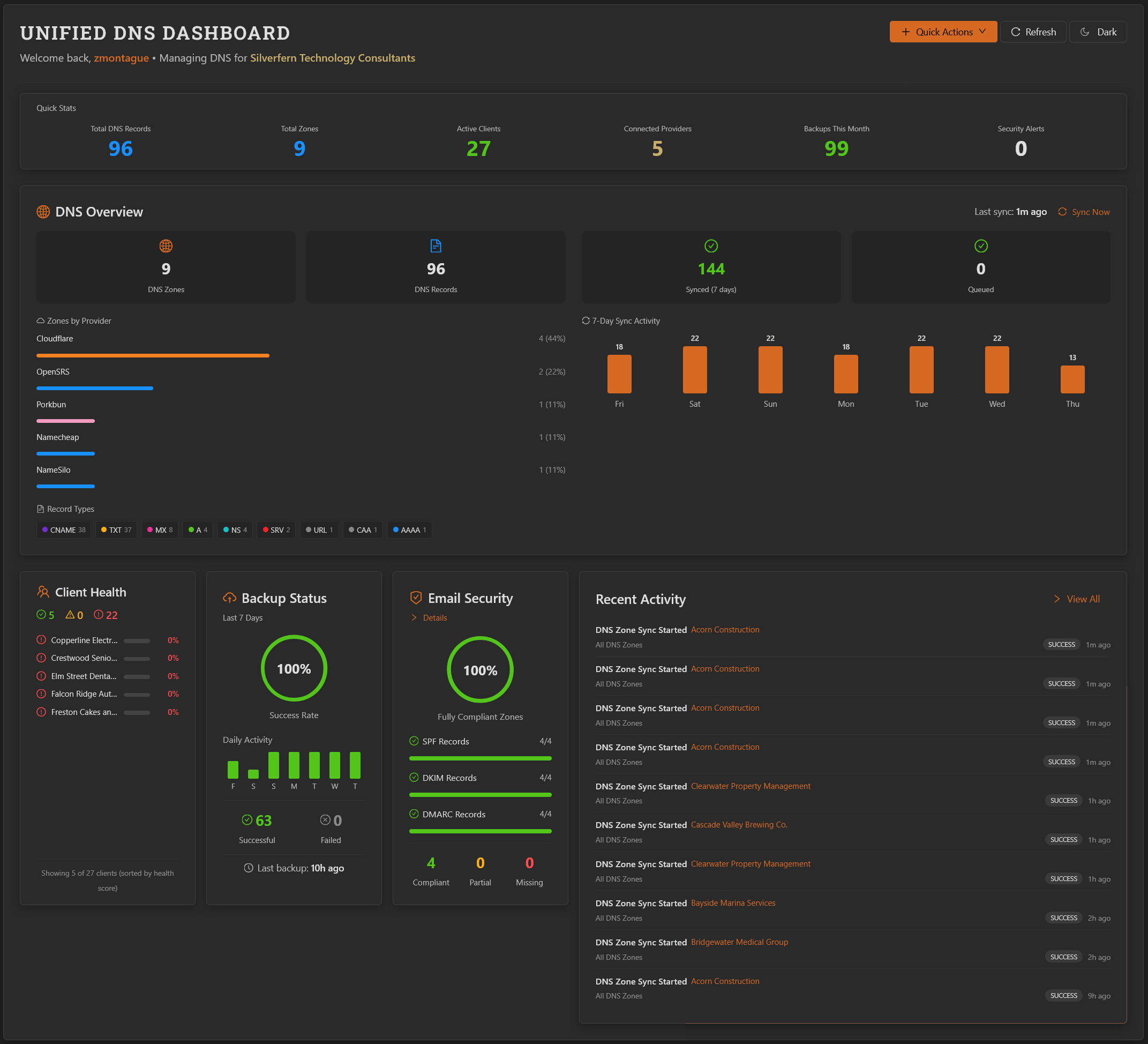 Unified DNS dashboard showing all client domains in one place
